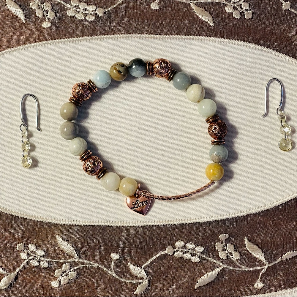 Beaded Bracelet and Earring Set Green Gray Tan and Gold Beads Love Charm NWOT